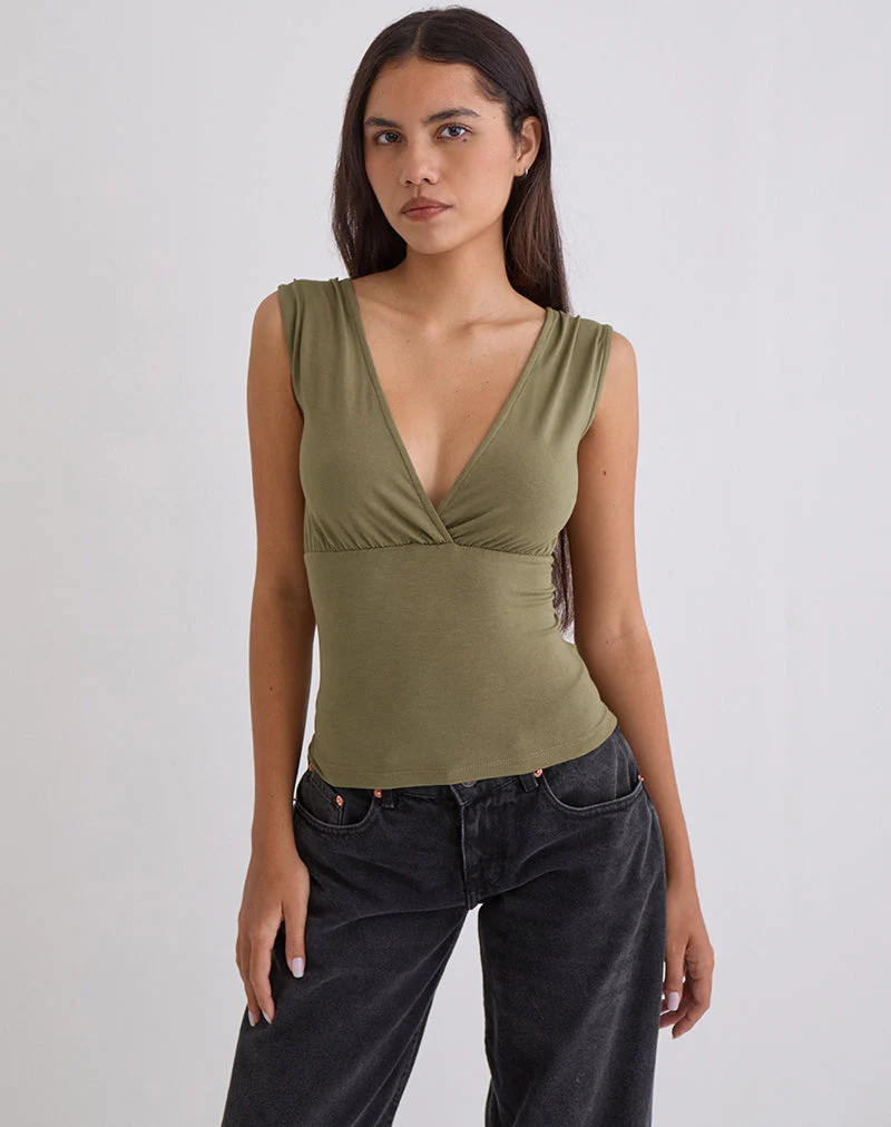 Marti V-Neck Top in Jersey Khaki - Image 5
