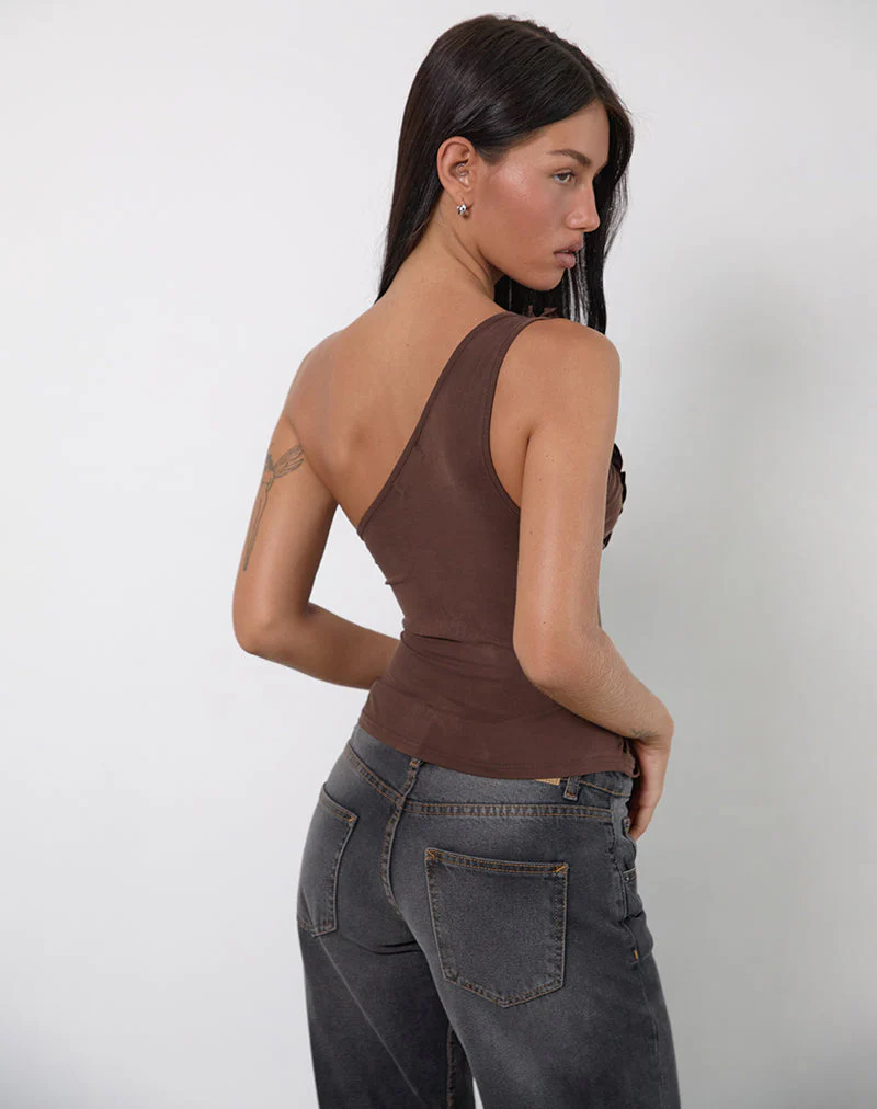 Marvela Ruched One Shoulder Top in Bitter Chocolate Brown - Image 3