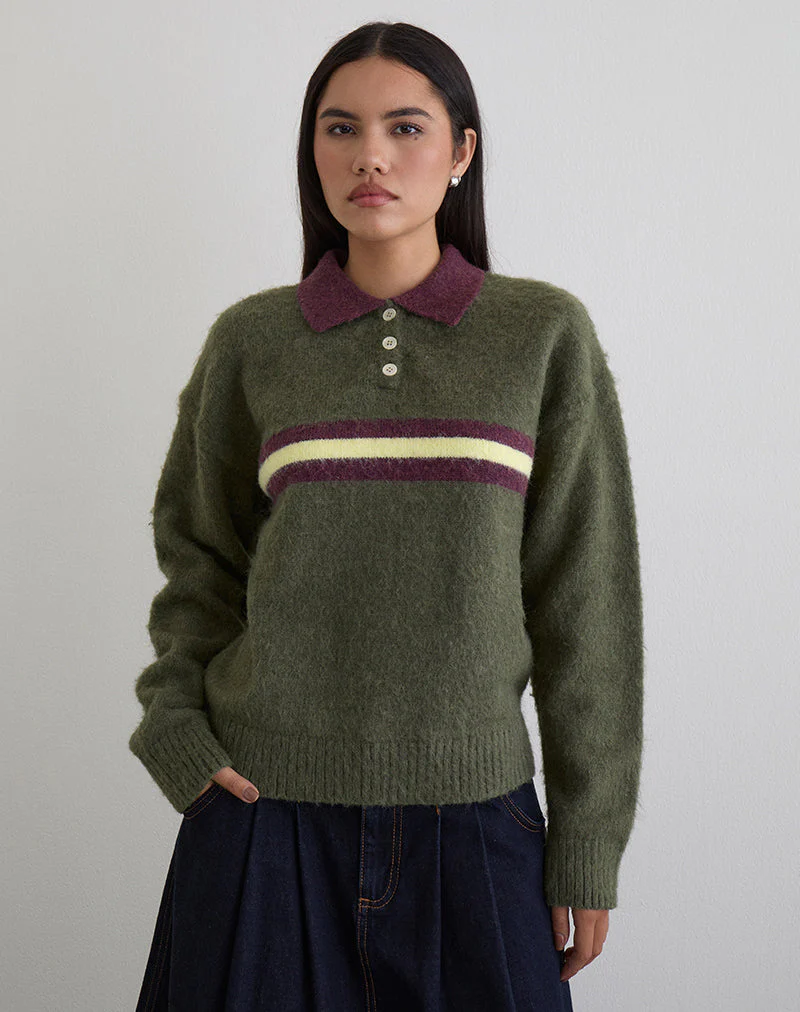 Marvina Jumper in Knit Green with Yellow Stripe - Image 4