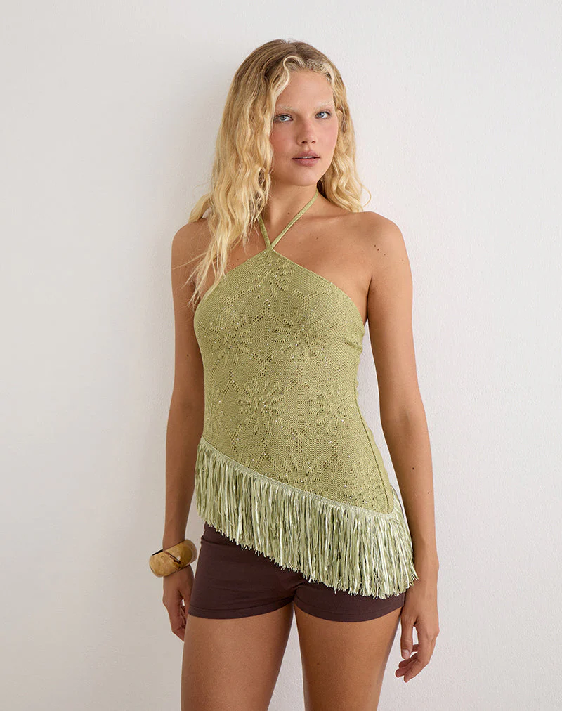 Masina Top With Fringe Hem in Sequin Knit Green - Image 2