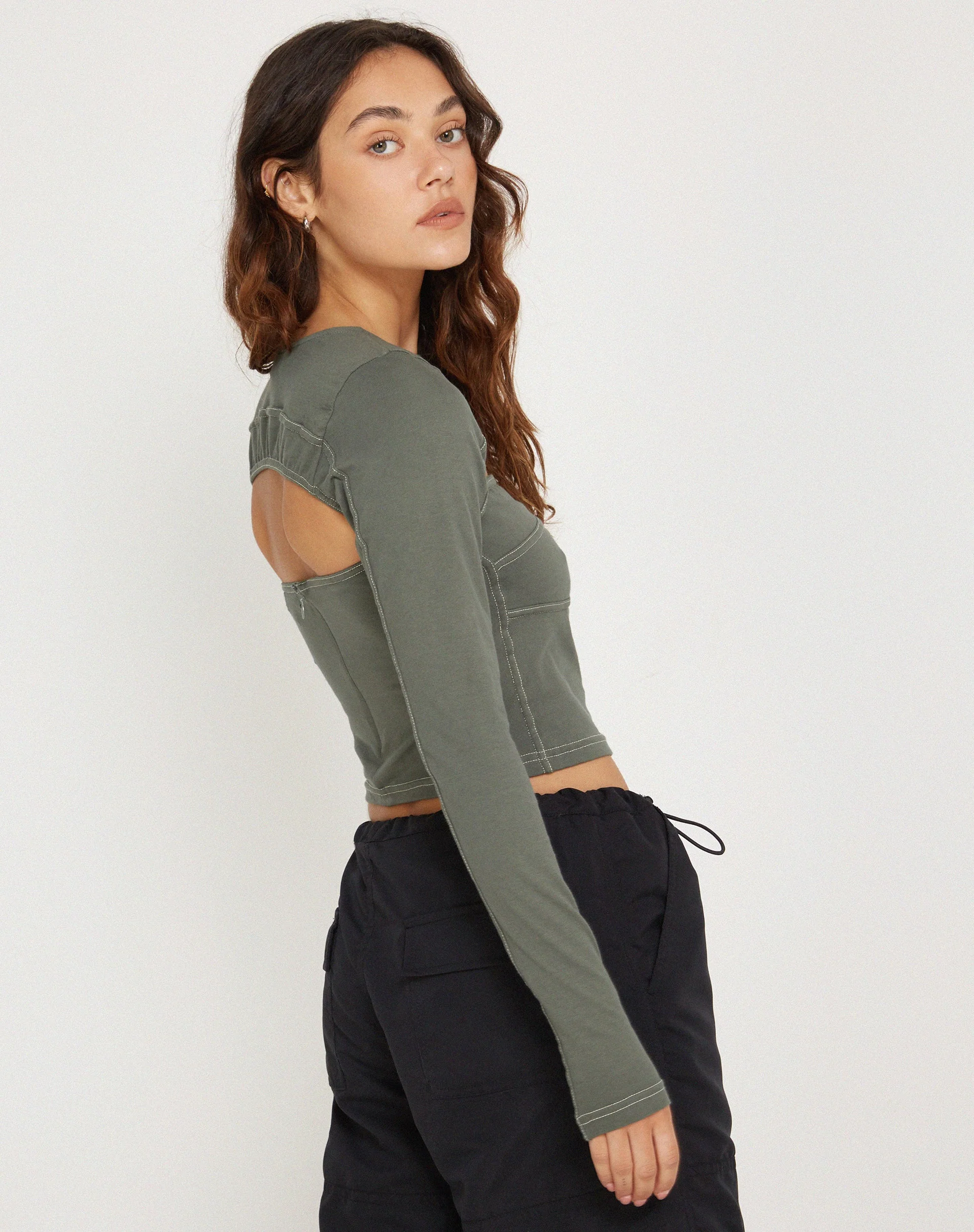 Matea Long Sleeve Top in Duck Green with Yellow Top Stitch - Image 2