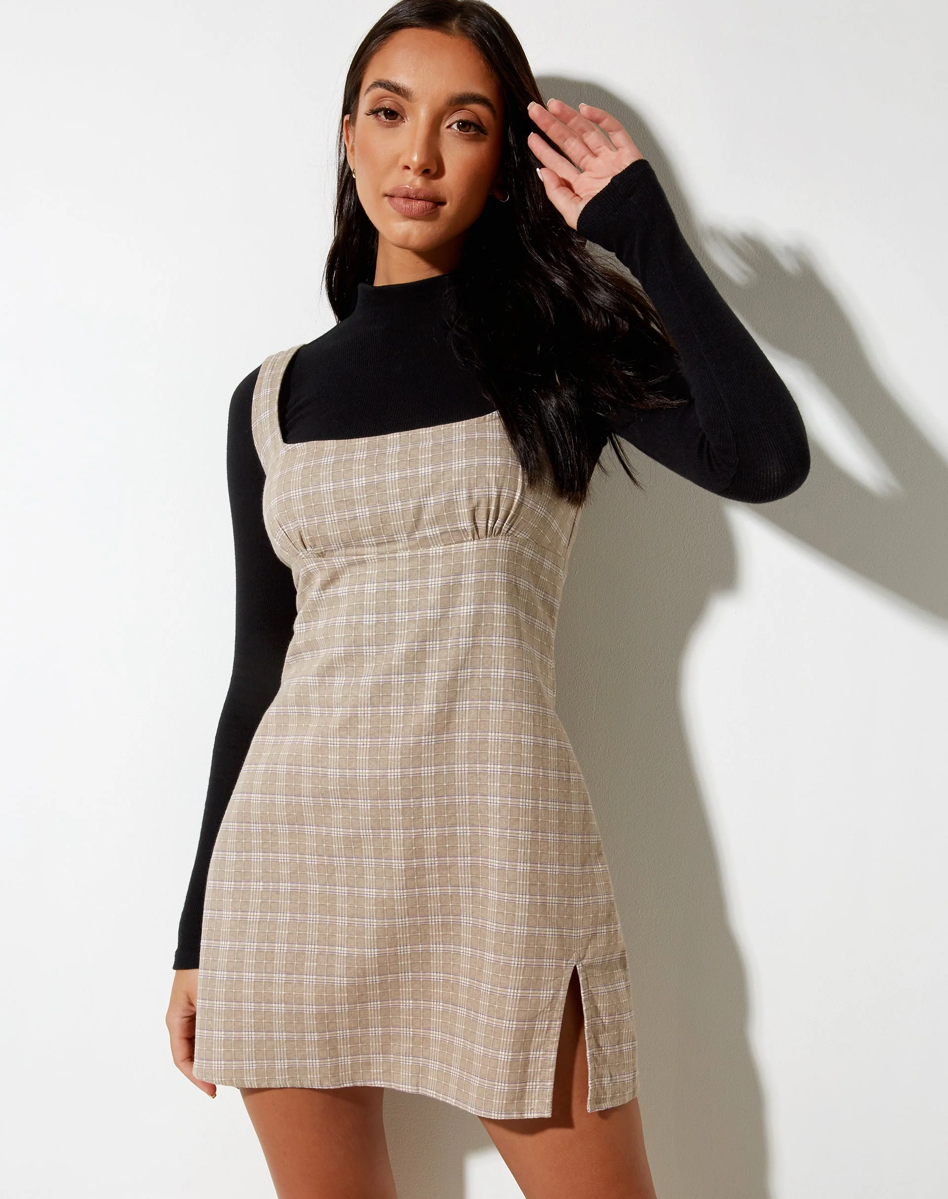 Mehra Mini Dress in Taupe Check - Image 3