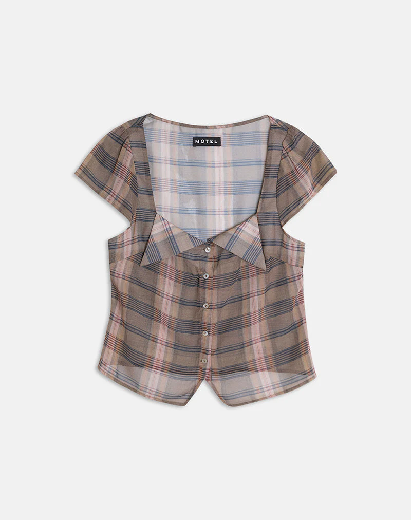 Meraki Blouse Top in Brown and Pink Blurry Check - Image 3