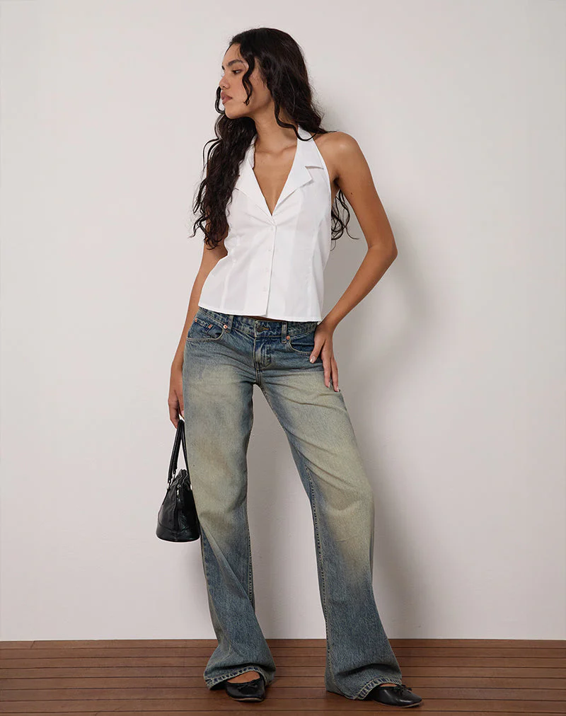 Mikanu Halterneck Button Down Blouse in Poplin White - Image 3