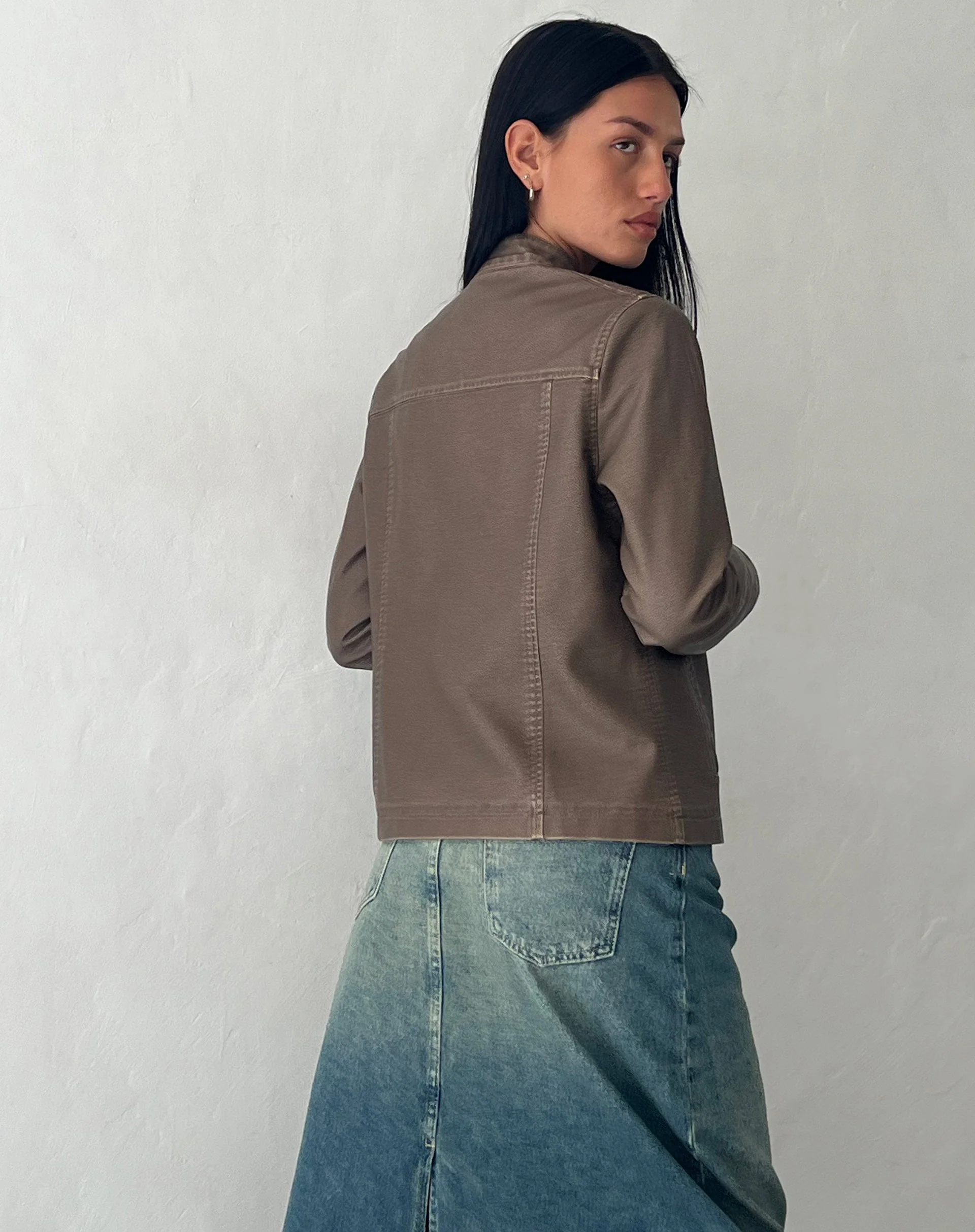 Mildred Distressed Biker Jacket in PU Olive - Image 4