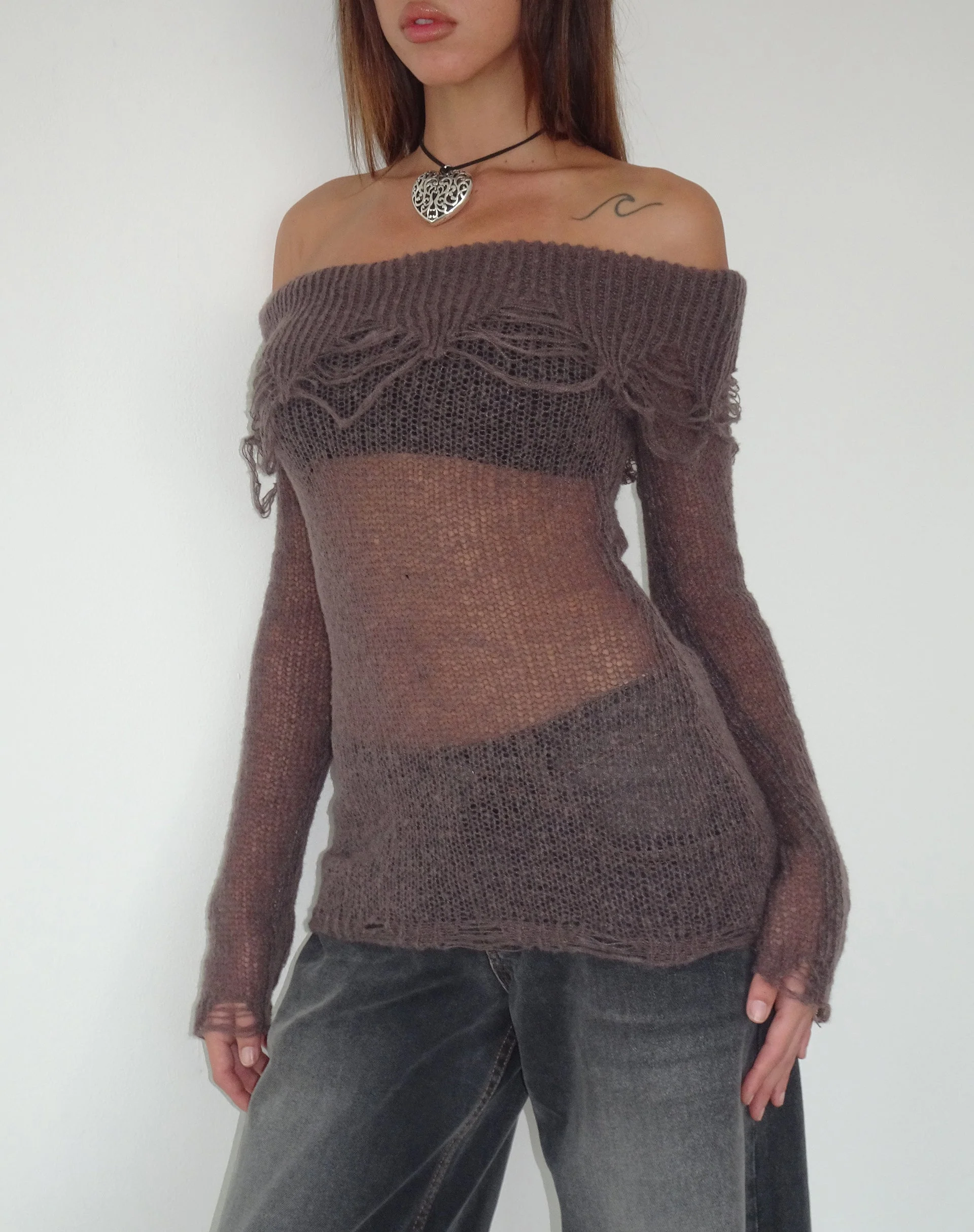 Milena Distress Knit Long Sleeve Bardot Top in Maroon - Image 2