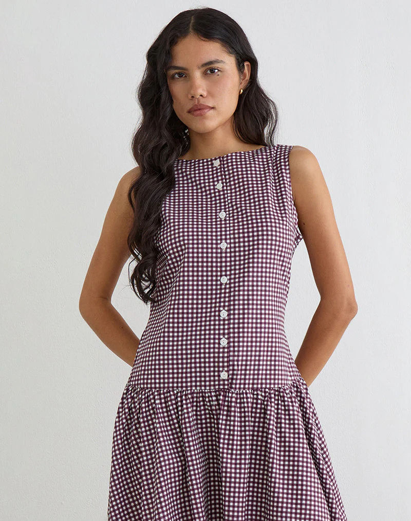 Miriam Midi Dress in Mini Gingham Wine - Image 2
