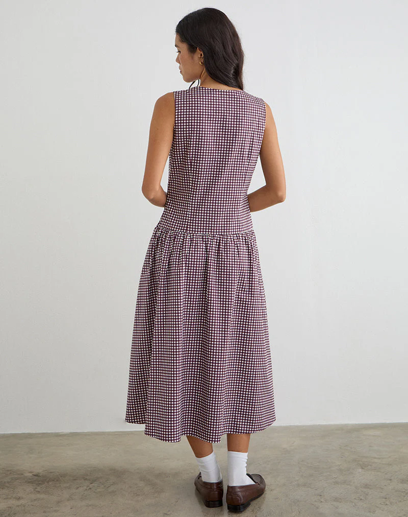 Miriam Midi Dress in Mini Gingham Wine - Image 3