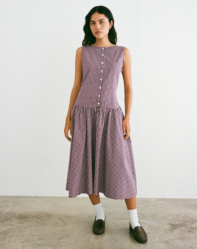 Miriam Midi Dress in Mini Gingham Wine - Image 4