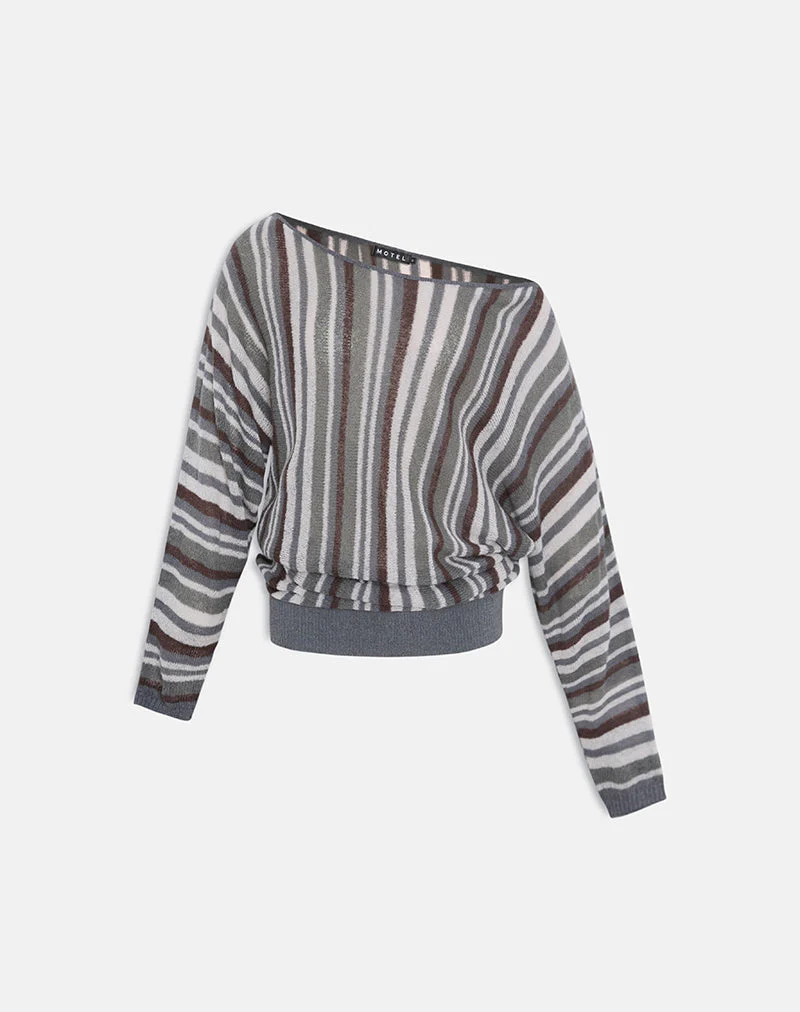 Monara Off Shoulder Knit Top in Big Stripe Grey - Image 4