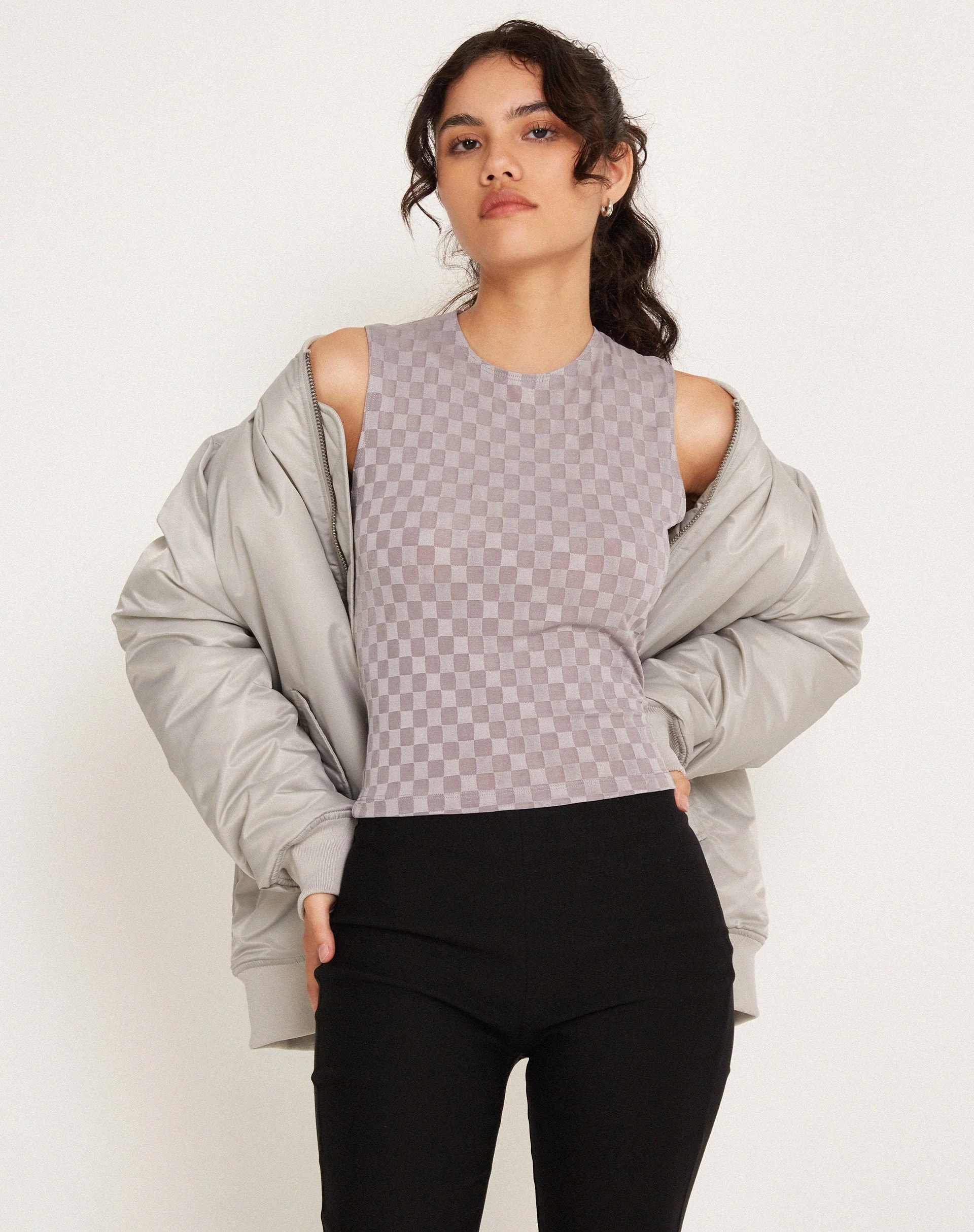 Monlo Vest Top in Check Grey - Image 5