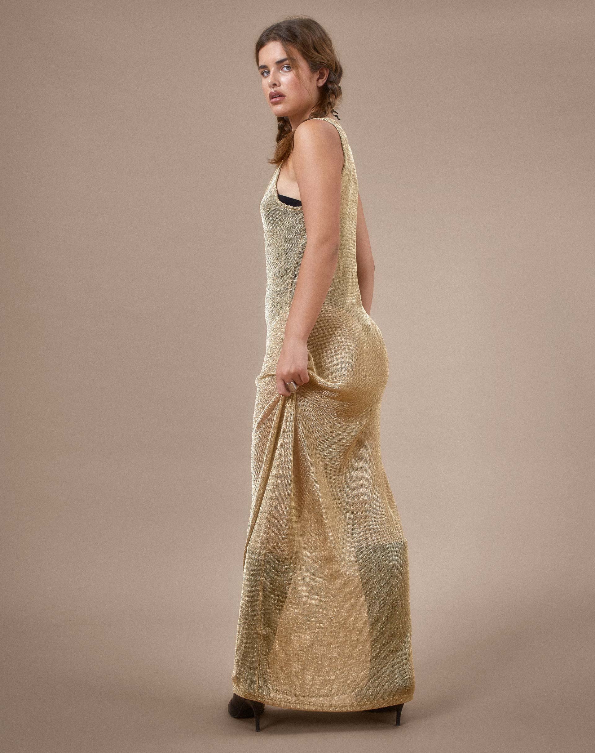 Morticia Maxi Dress in Chain Knit Gold - Image 5