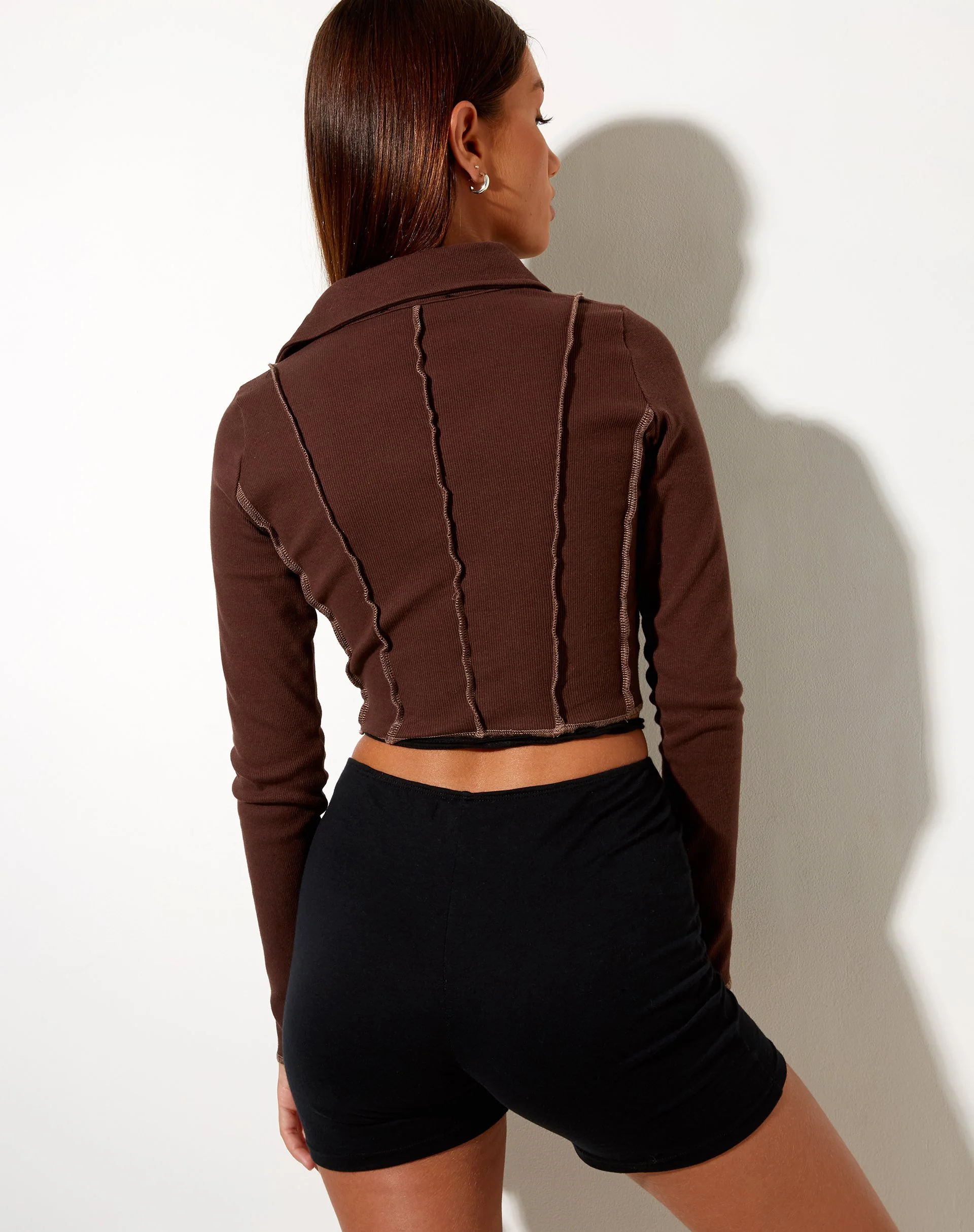 Nandy Crop Top in Rib Deep Mahogany with Brown Stitching - Image 2