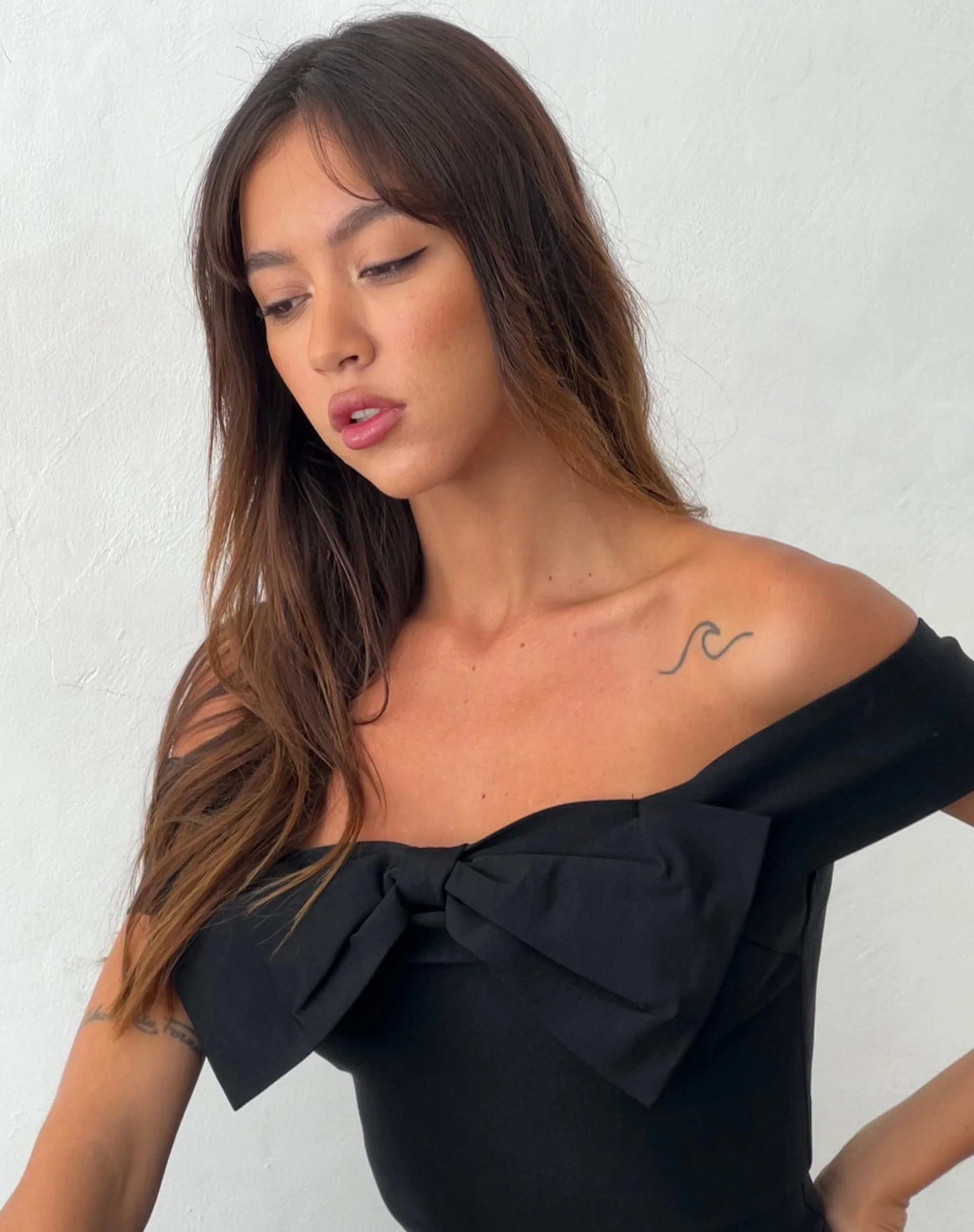 Naras Bow Front Bardot Top in Black Tailoring - Image 5