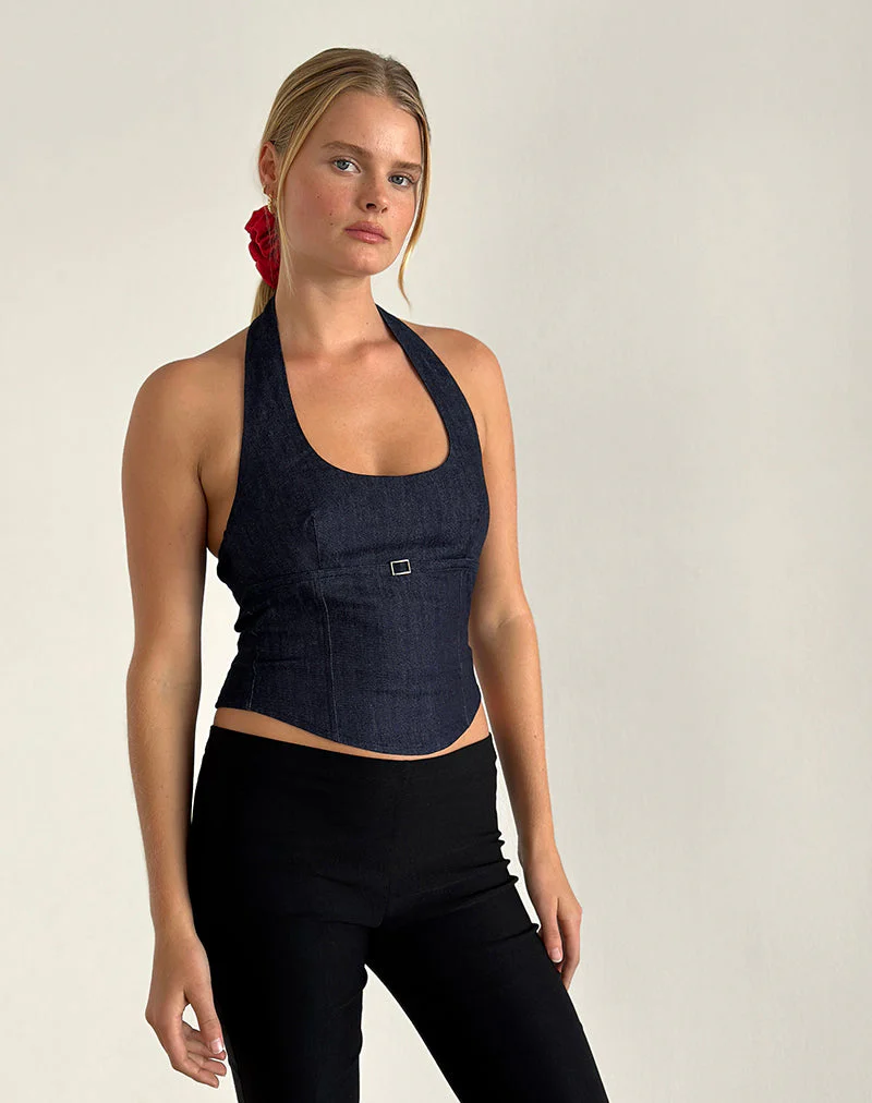 Nasya Halterneck Top in Chambray Indigo - Image 2