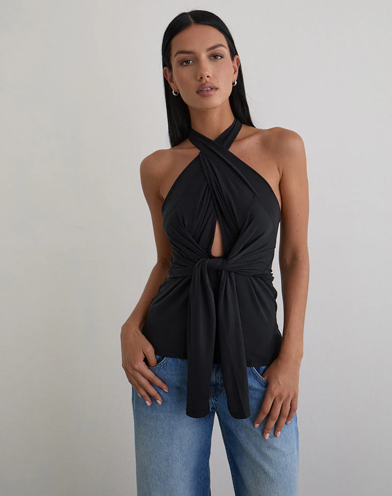 Nezuko Multi Tie Long Sleeve Top in Cupro Black - Image 2