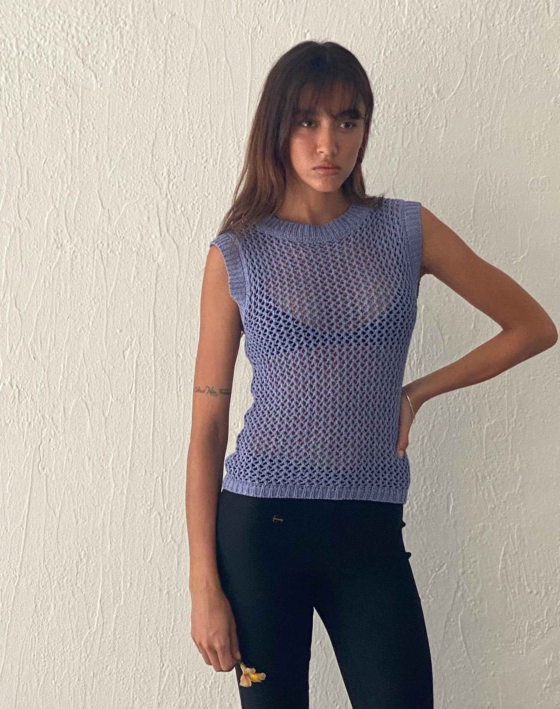 Nibura Open Back Vest Top in Blue Knit - Image 3