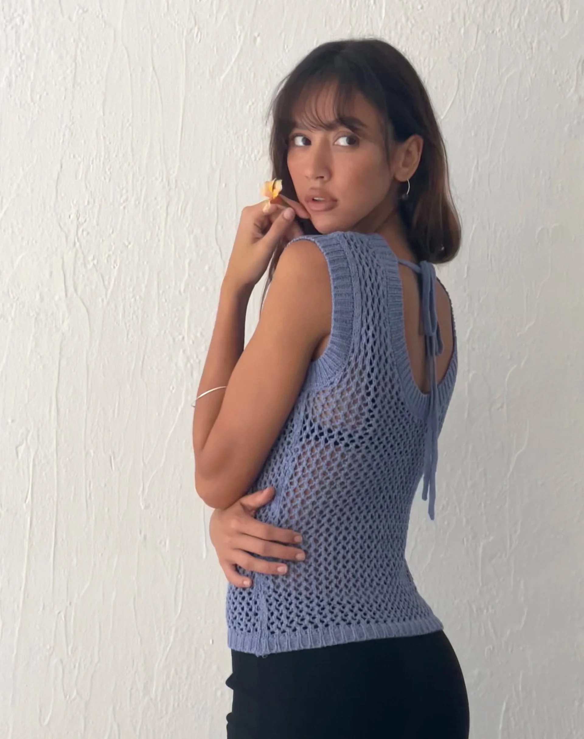 Nibura Open Back Vest Top in Blue Knit - Image 4