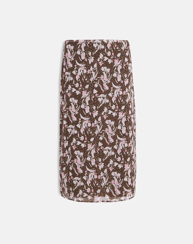 Nimas Midi Skirt in Brown and Pink Polka Flower Chiffon - Image 3