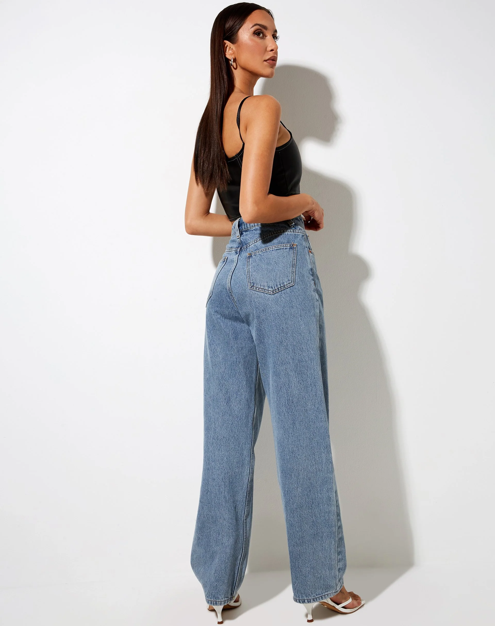 Nindy Crop Top in PU Black with White Stitch - Image 3