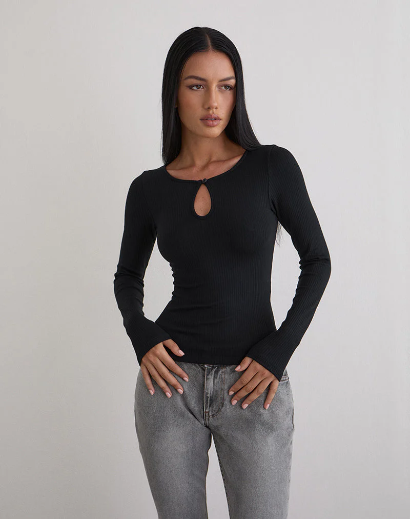 Nique Long Sleeve Top in Thick Rib Black - Image 3