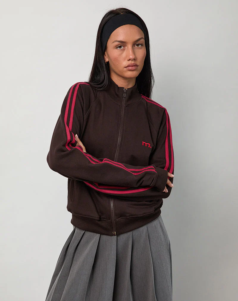 Niskala Jacket in Bitter Chocolate with Adrenaline Red Binding and Embroidery - Image 2