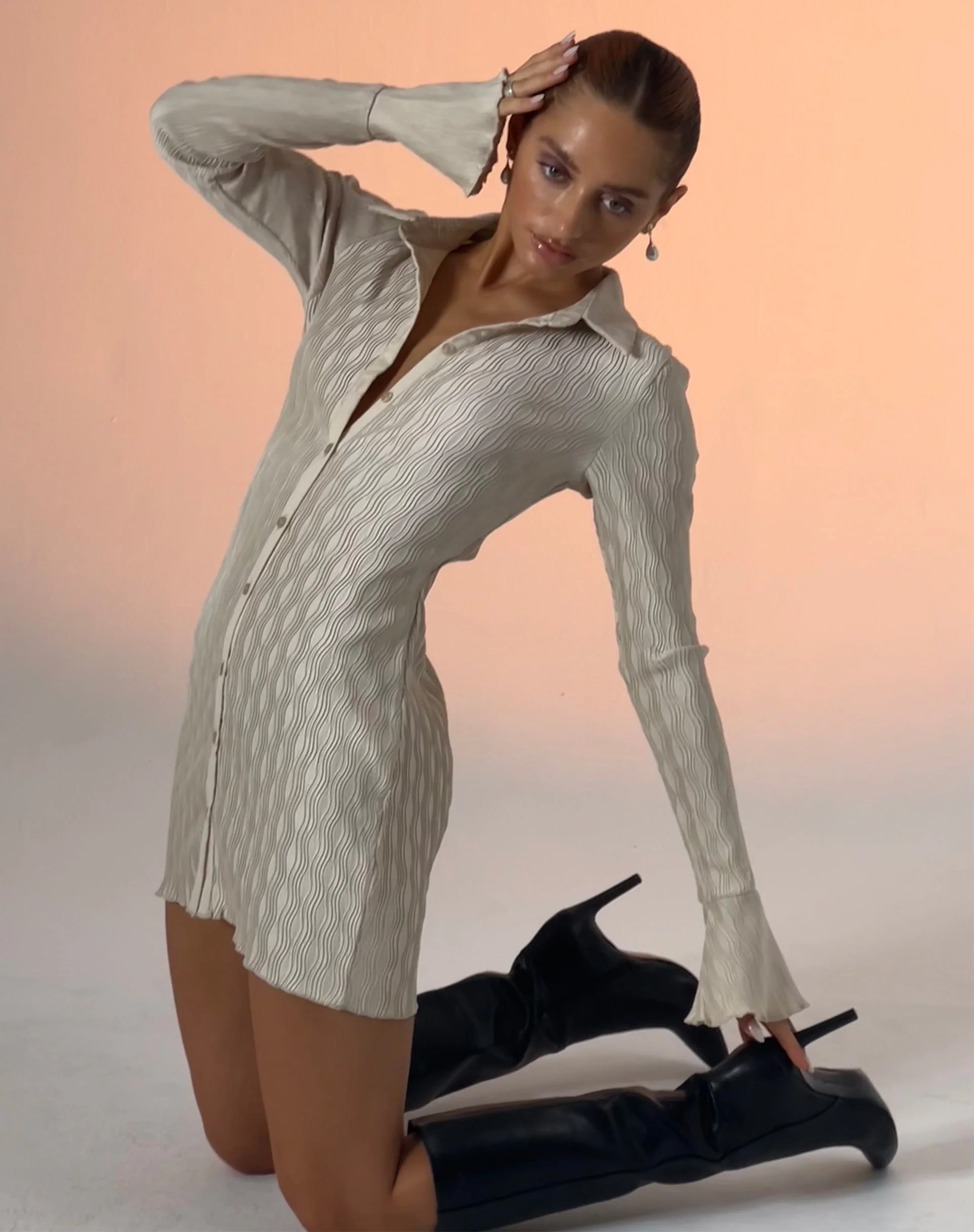 Nitara Button Up Mini Dress in Crinkle Beige - Image 2