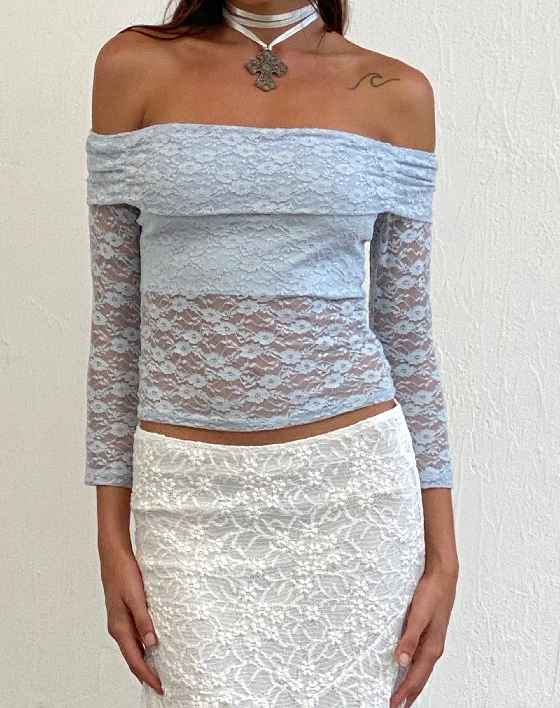 Nixie Long Sleeve Bardot Top in Lace Light Blue - Image 4