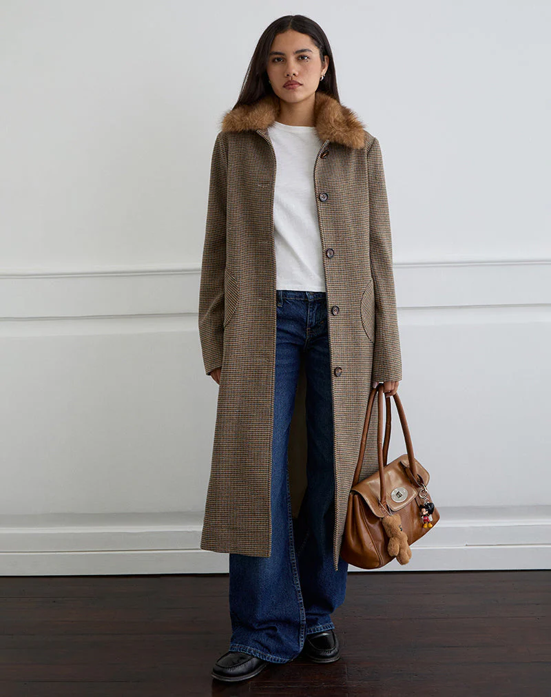 Norciel Longline Coat in Check Brown with Fur Collar - Image 5