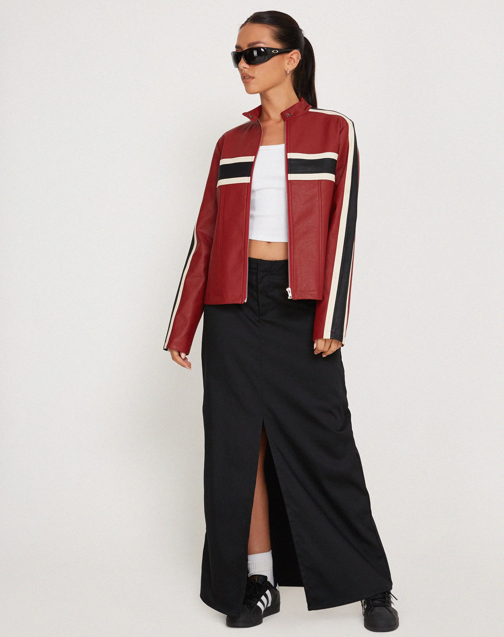 Oliver Zip Up Jacket in PU Red with Ecru Stripe - Image 4