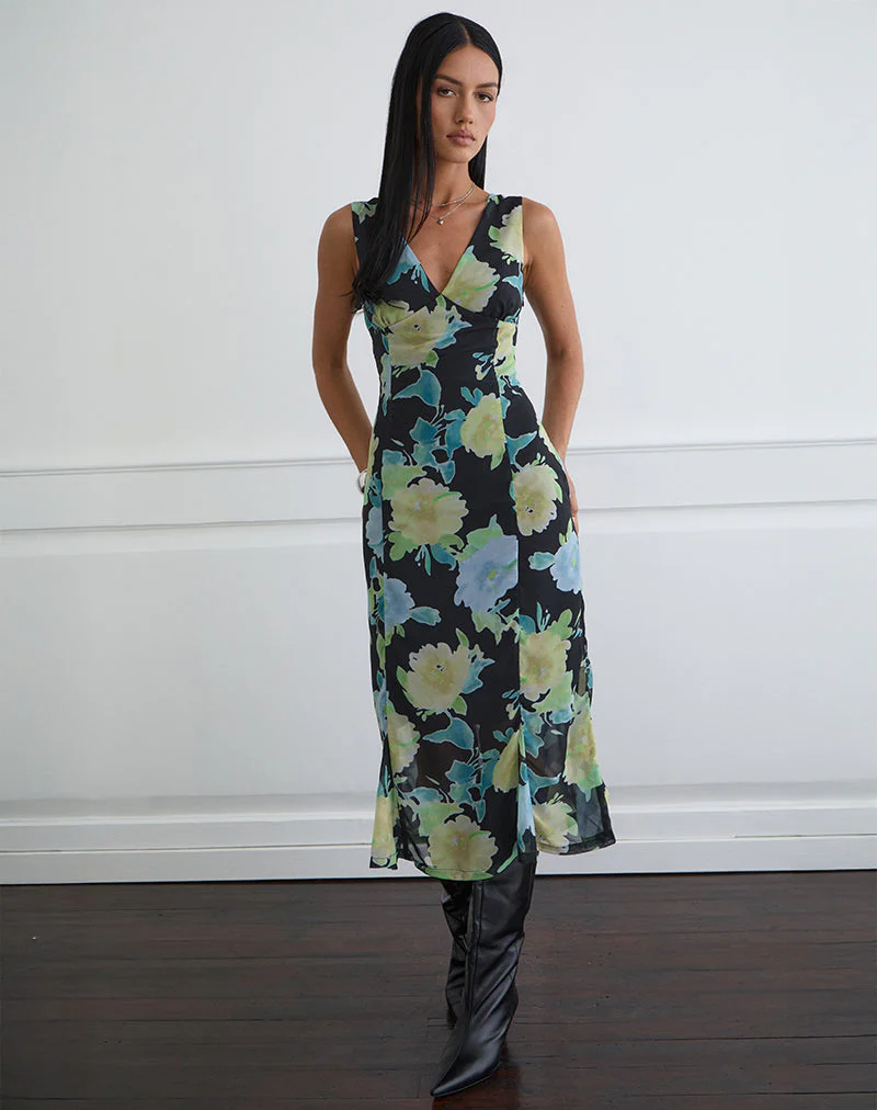Olydia Midi Dress in Black Chiffon with Crystal Flower Print - Image 5