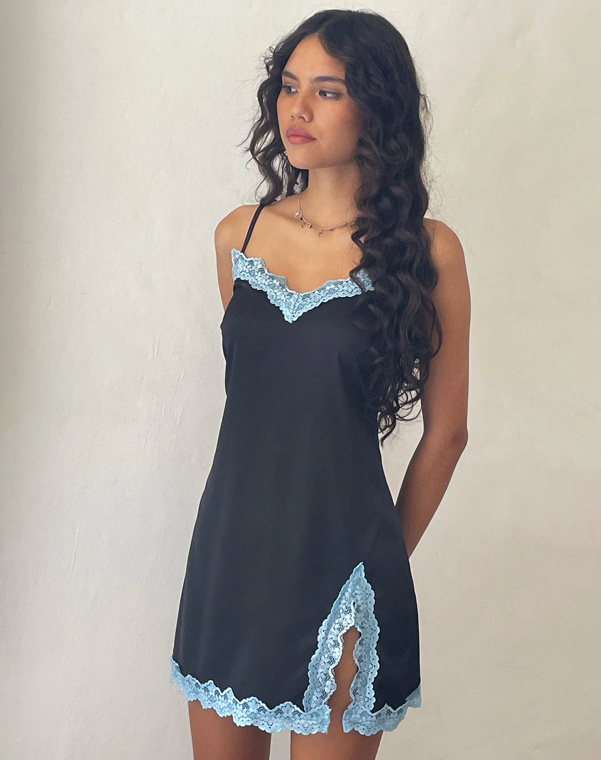 Oming Slip Mini Dress in Black with Blue Lace - Image 5