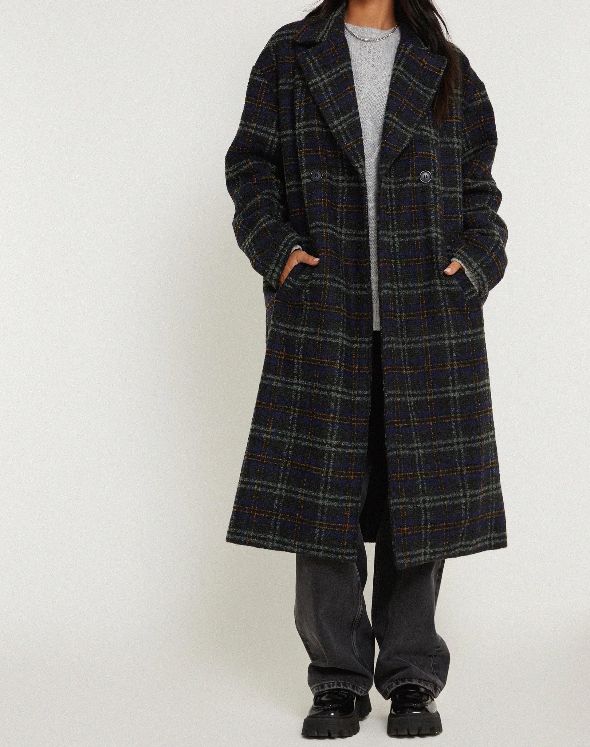 Orlova Coat in Check Navy Black and Brown - Image 4