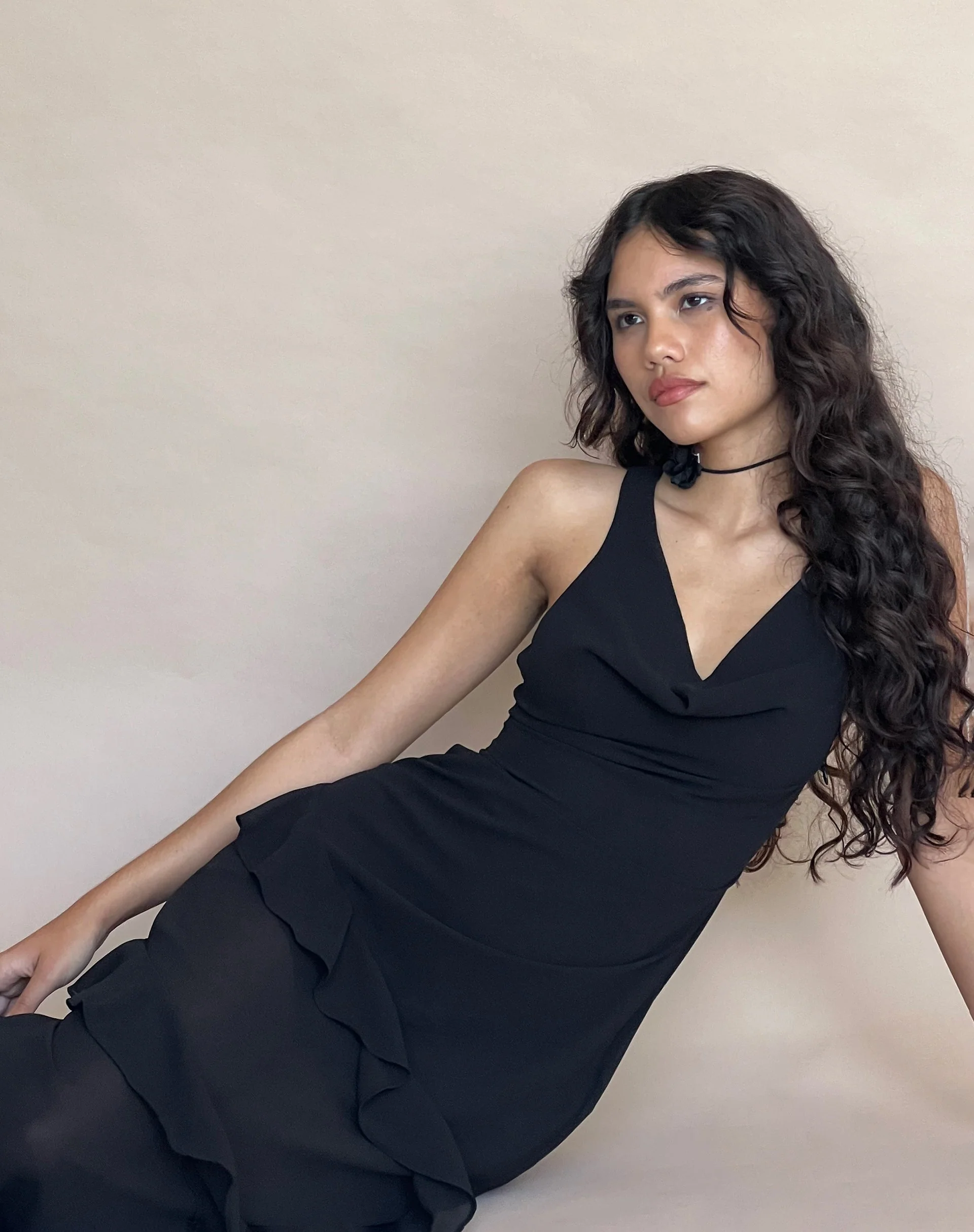Otna Ruffle Detail Chiffon Maxi Dress in Black - Image 7