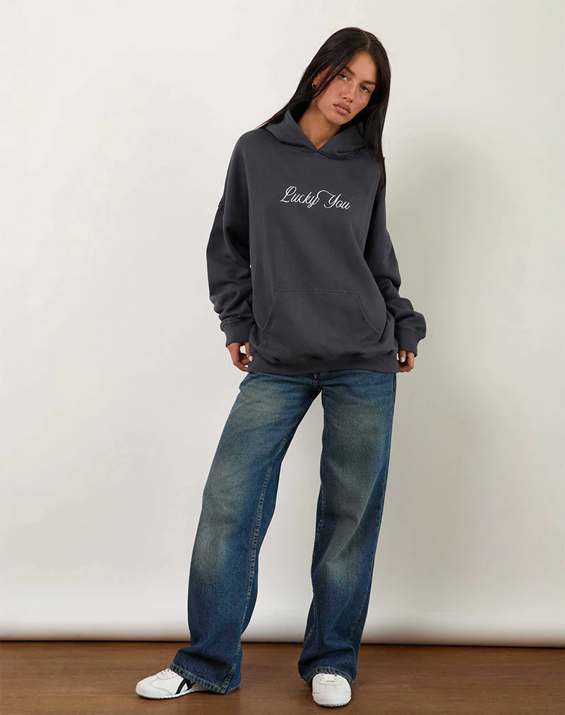 Oversized Hoodie in Ocean Storm with Lucky You Graphic - Image 4