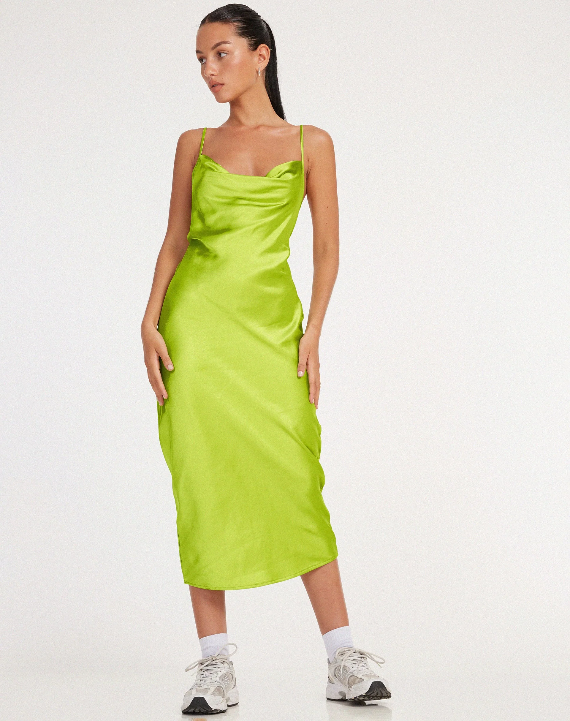 Palasha Midi Dress in Satin Lime Green - Image 3