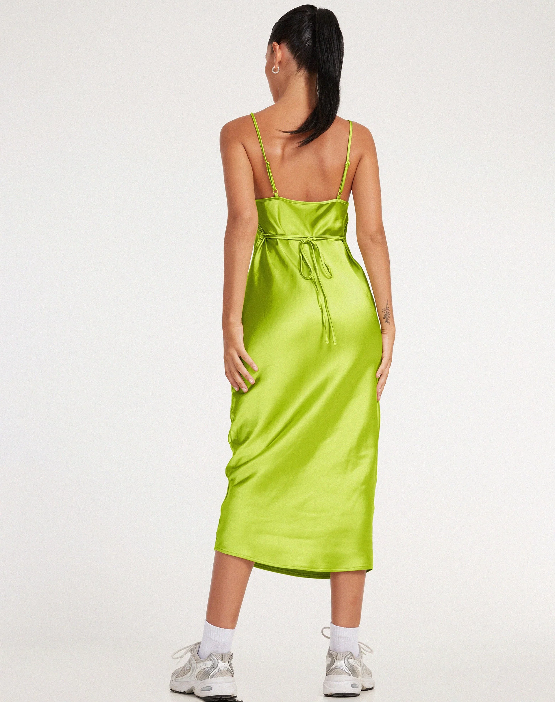 Palasha Midi Dress in Satin Lime Green - Image 4