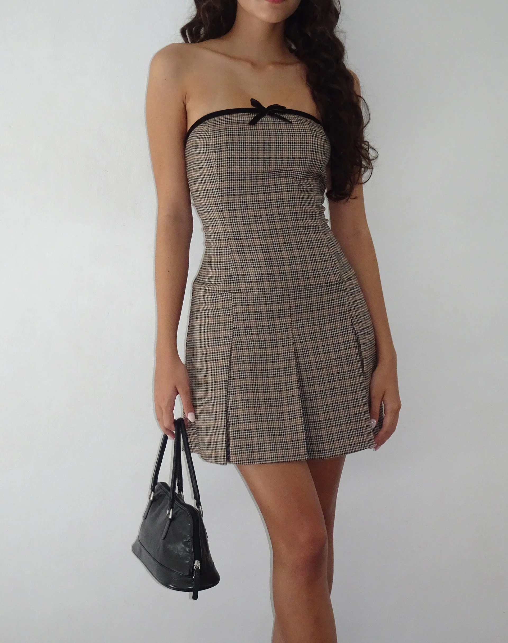 Panola Mini Dress in Micro Check Brown - Image 3