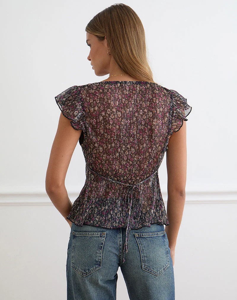 Pharita V Neck Top in Ditsy Floral Plisse Charcoal - Image 5