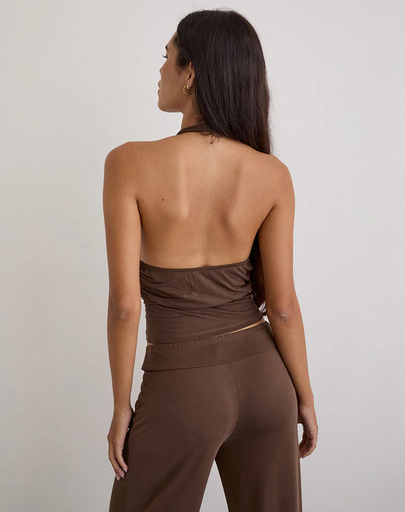 Prilla Halterneck Top in Cupro Dark Brown - Image 5