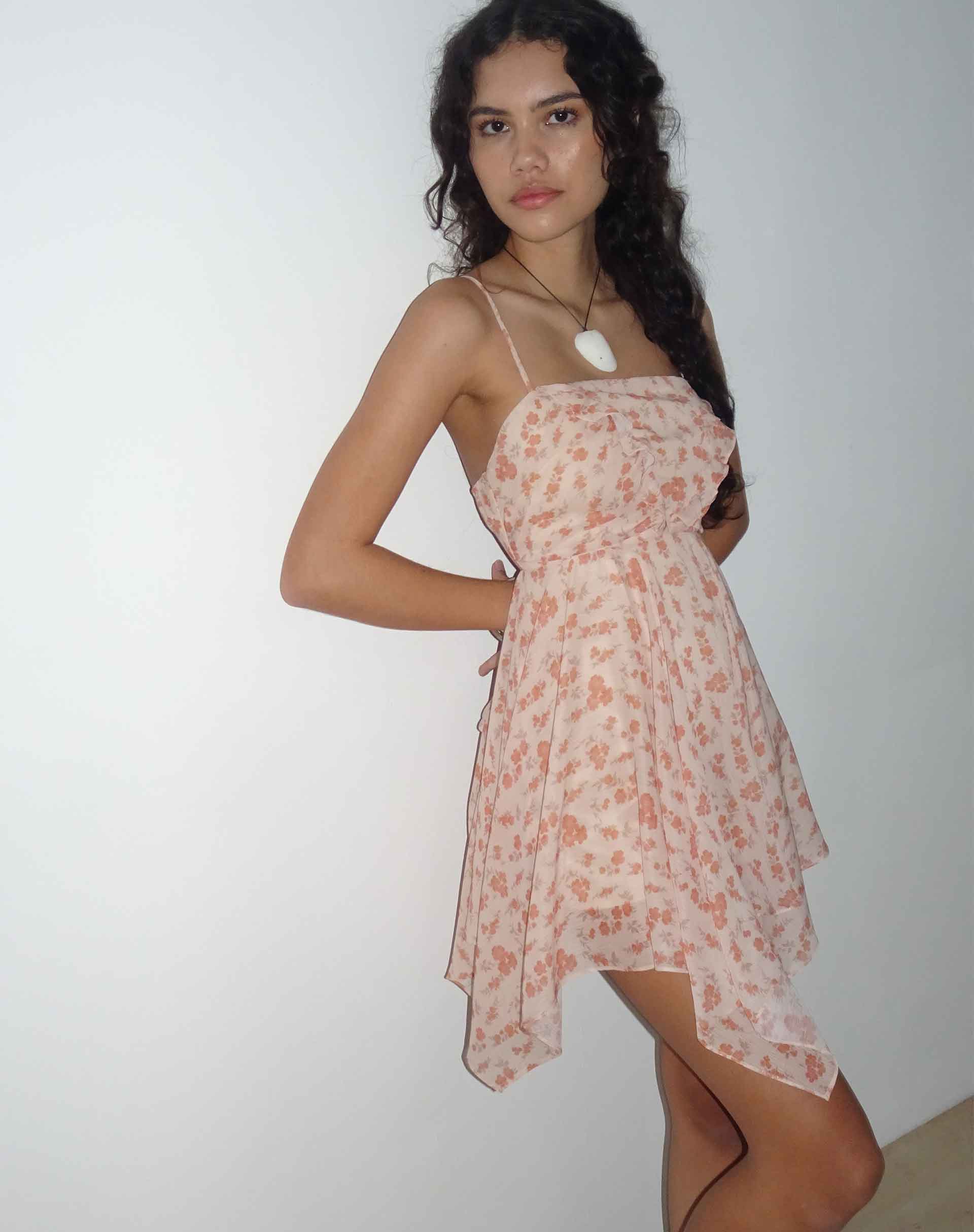 Raftar Frill Chiffon Mini Dress in Peach Cherry Blossom - Image 3