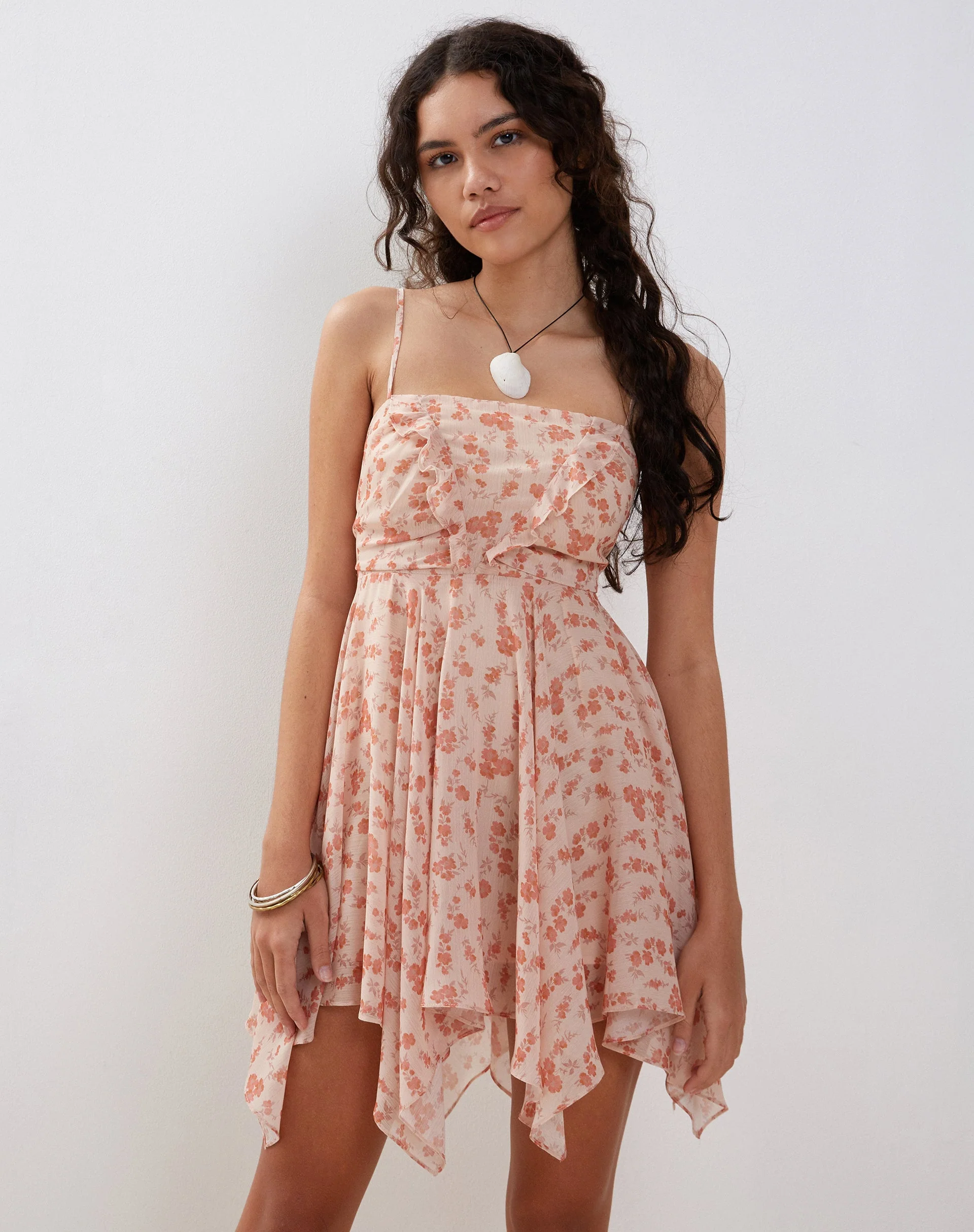 Raftar Frill Chiffon Mini Dress in Peach Cherry Blossom - Image 5