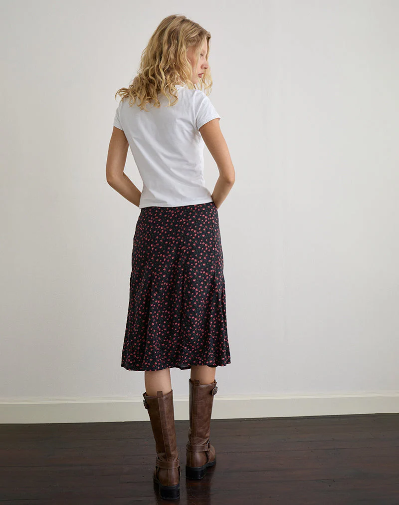 Rahyu Midi Skirt in Dark Pink Rose Black - Image 4