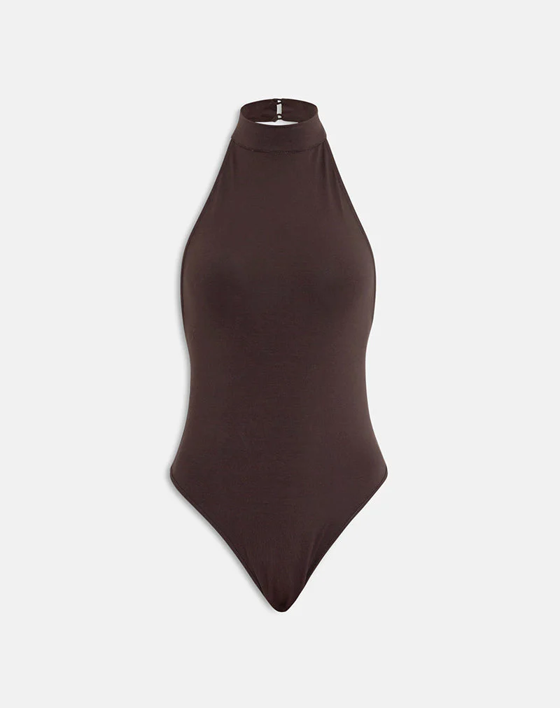 Raleah Halterneck Bodysuit in Jersey Bitter Chocolate - Image 2