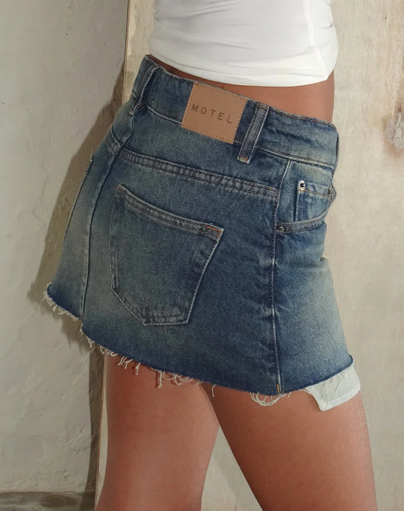 Raw Hem Mini Skirt in Steel Blue with Pockets - Image 2