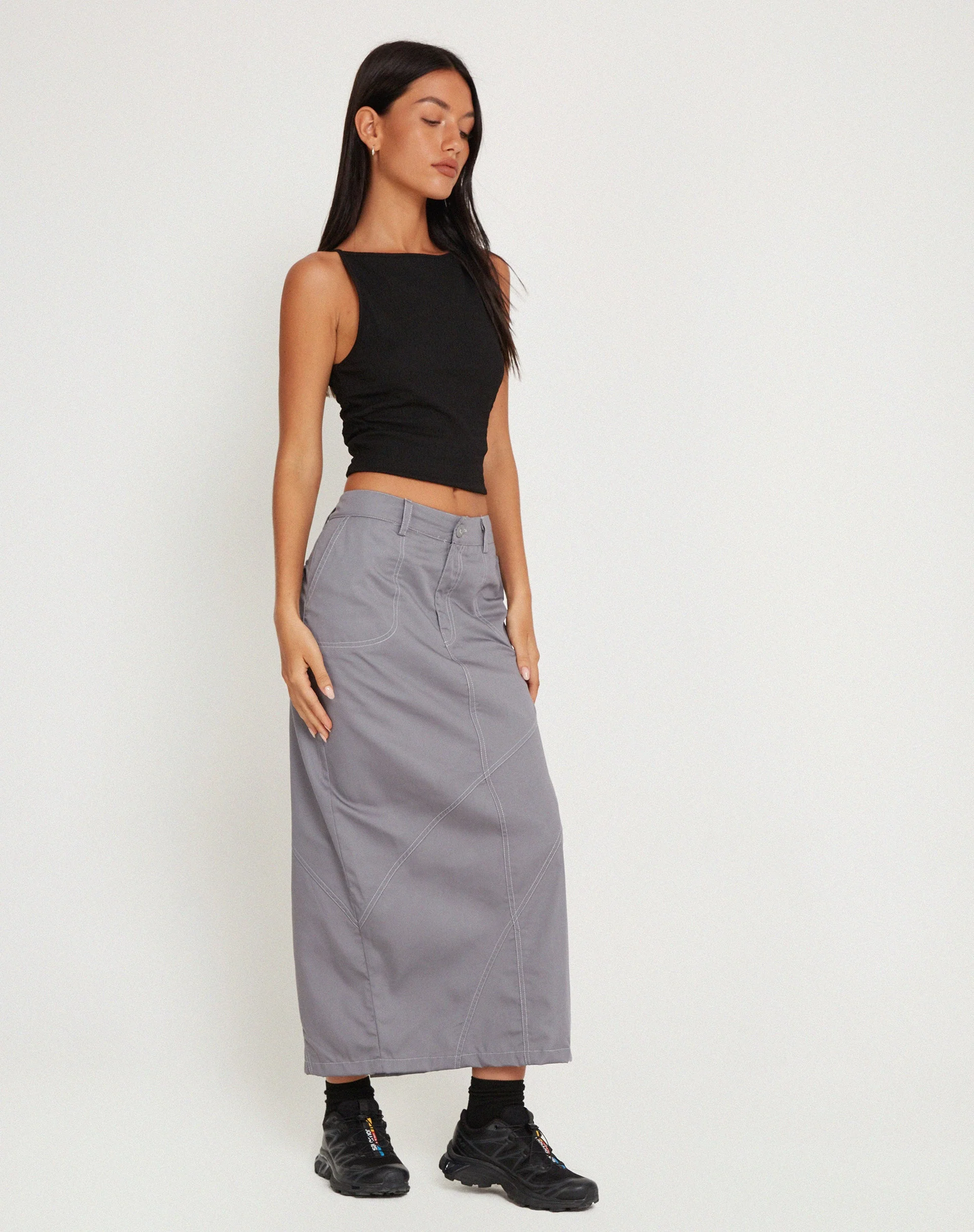 Reese Cargo Midi Skirt in Charcoal Grey with White Stitch - Image 3