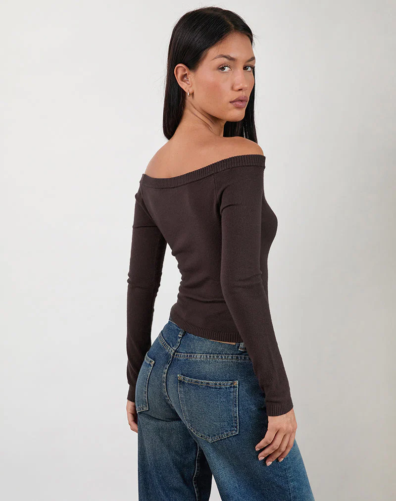 Renie Bardot Top in Dark Brown Knit - Image 3