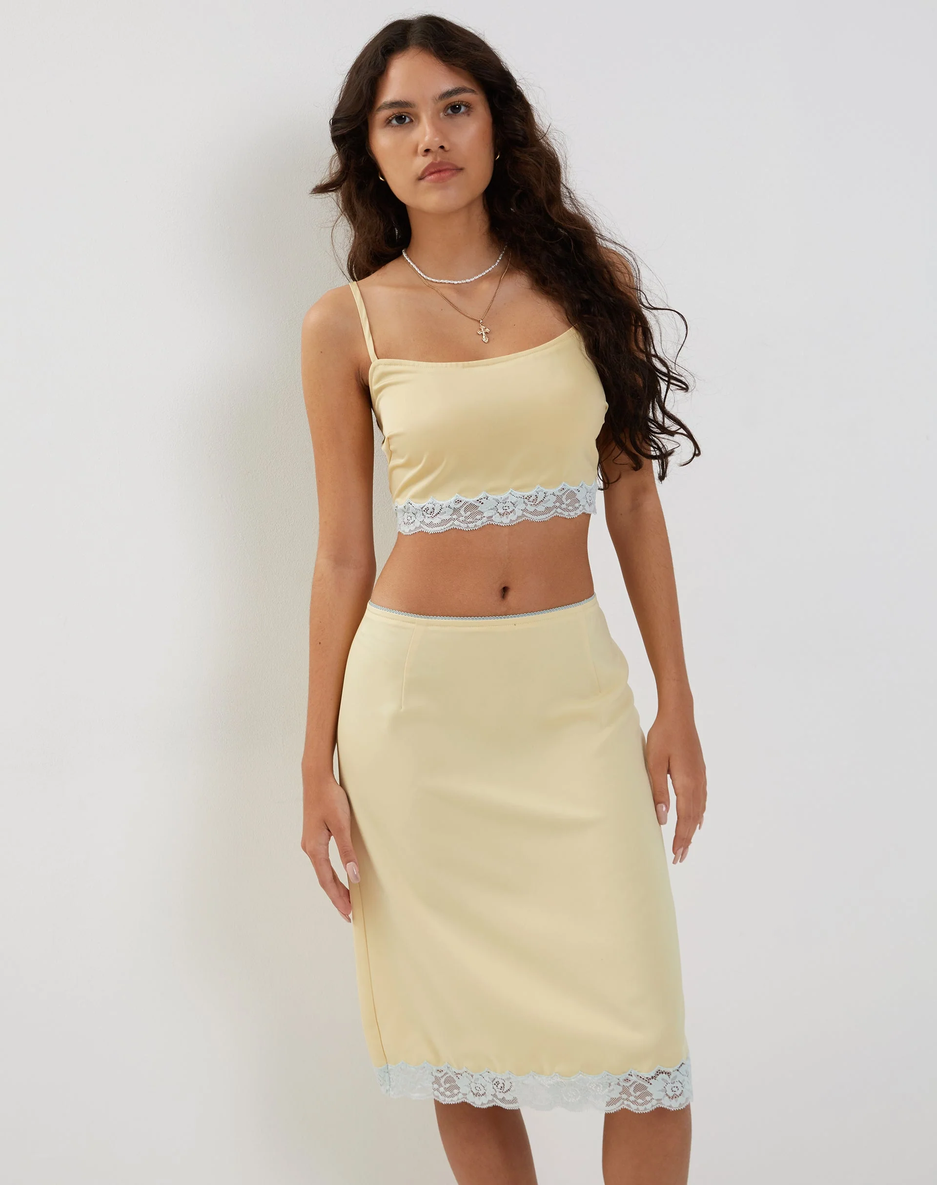 Resika Low Rise Midi Skirt in Satin Pale Yellow - Image 2