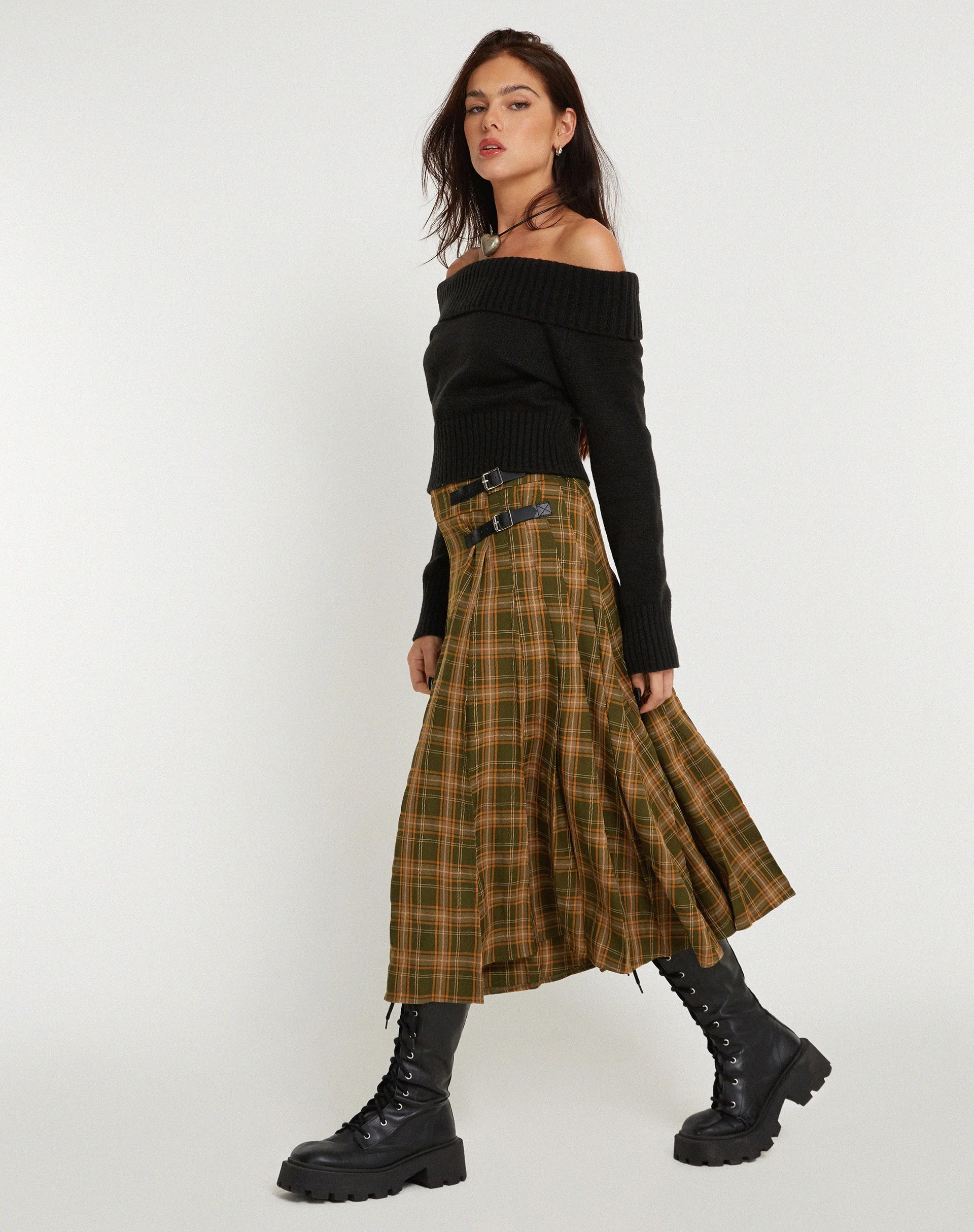 Rigifa Midi Skirt in Tartans Green Brown - Image 3