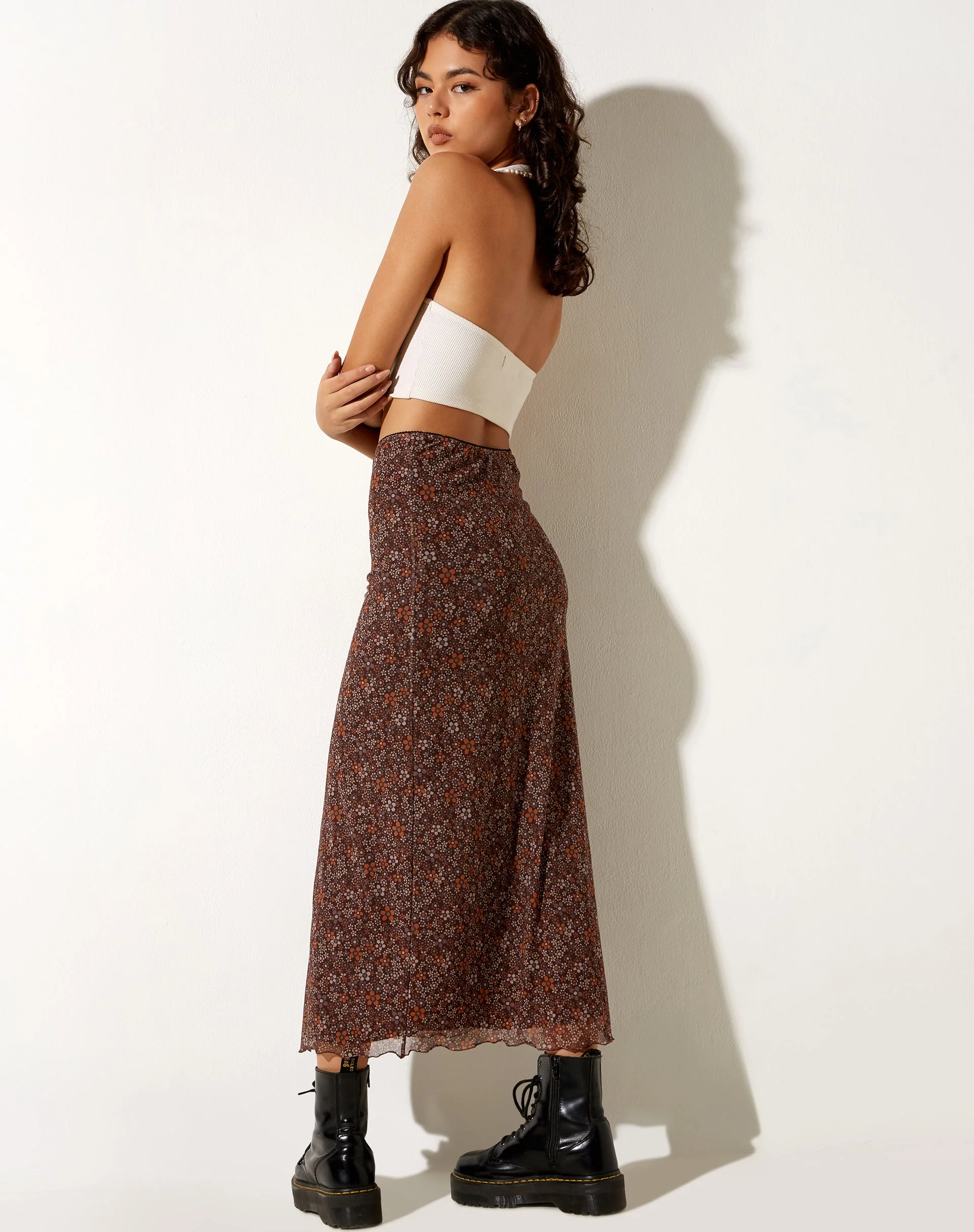 Rindu Midi Skirt in Flower Garden Brown - Image 2